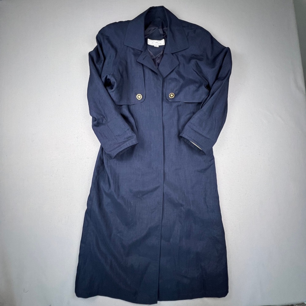 J. Gallery Trench Coat Womens S/M Navy Blue Longline Belted Lightweight Classic